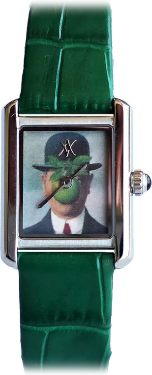 168. The Son of Man — hand-painted dial, stainless steel case, leather green strap
