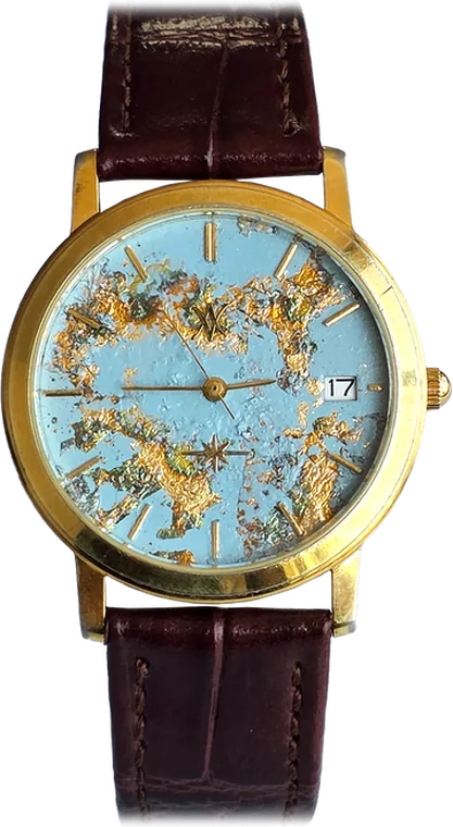 222. Blue Horizon Gold — hand-painted dial, leather dark brown strap