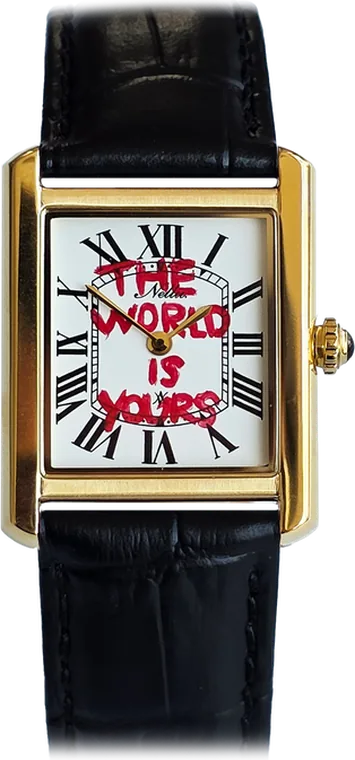 226. THE WORLD IS YOURS GOLD — hand-painted dial, golden stainless steel case, black leather strap (as photographed)