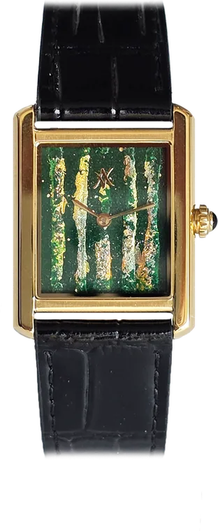 233. Green Terra (34mm) — hand-painted dial, golden stainless steel case, black leather strap (as photographed)