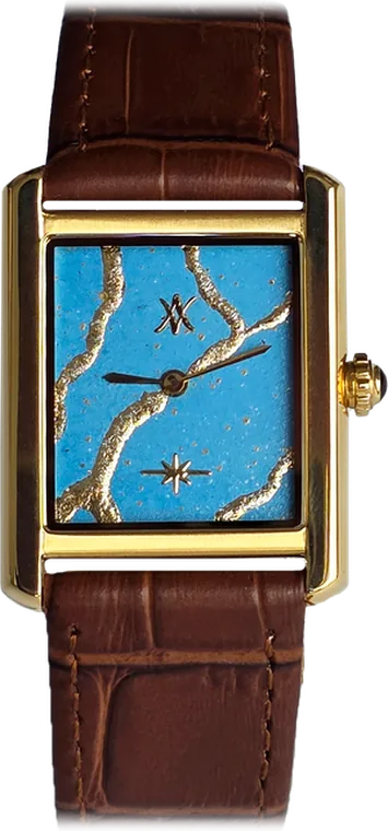 237. Fragment Azure — hand-painted dial, golden stainless steel case, leather brown strap
