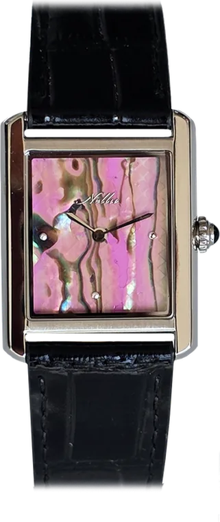 238. Pink Panther — hand-painted dial, stainless steel case, leather black strap